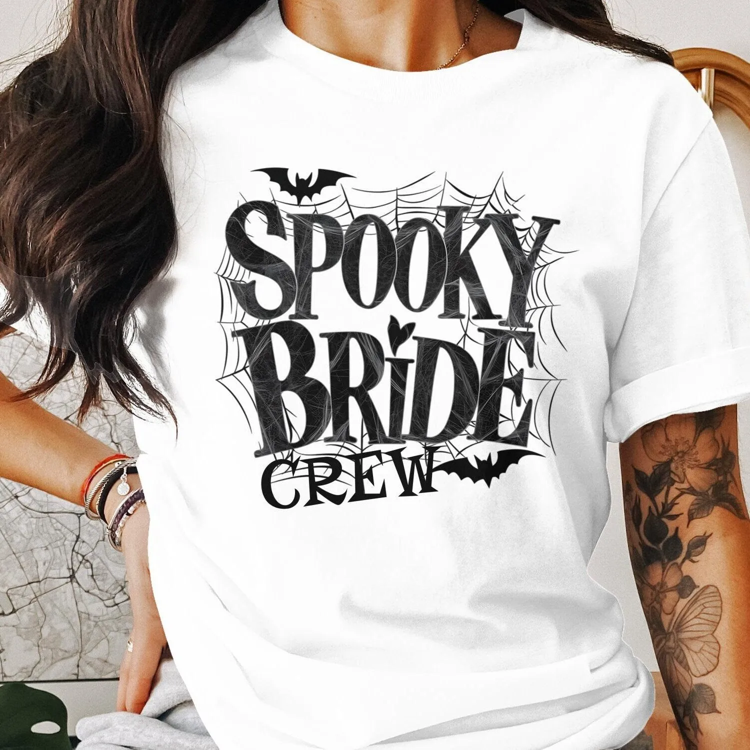 Spooky Bride Crew T-Shirt, Halloween Wedding Party VNeck Tee, Bachelorette Bride Shirt,Bridal Graphic Tee, Bat Themed Bride Squad Sweatshirt