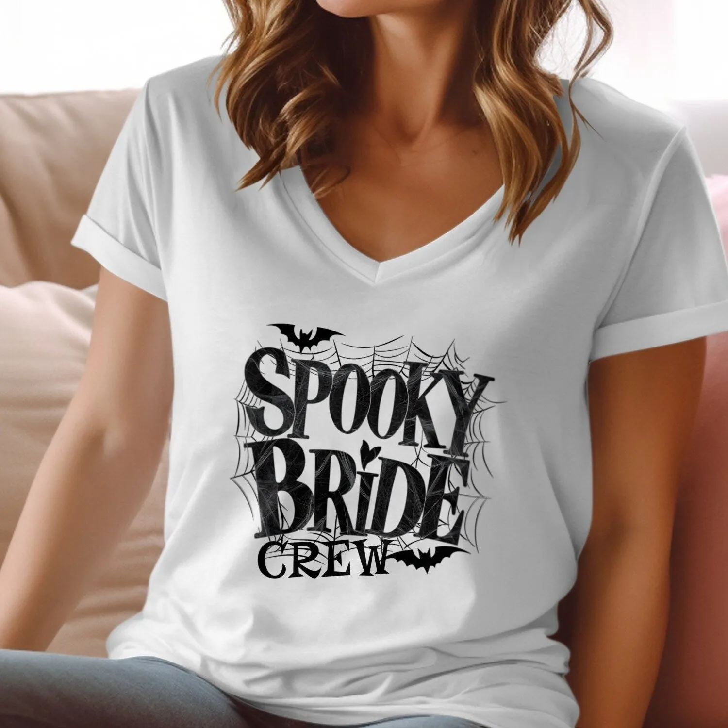 Spooky Bride Crew T-Shirt, Halloween Wedding Party VNeck Tee, Bachelorette Bride Shirt,Bridal Graphic Tee, Bat Themed Bride Squad Sweatshirt