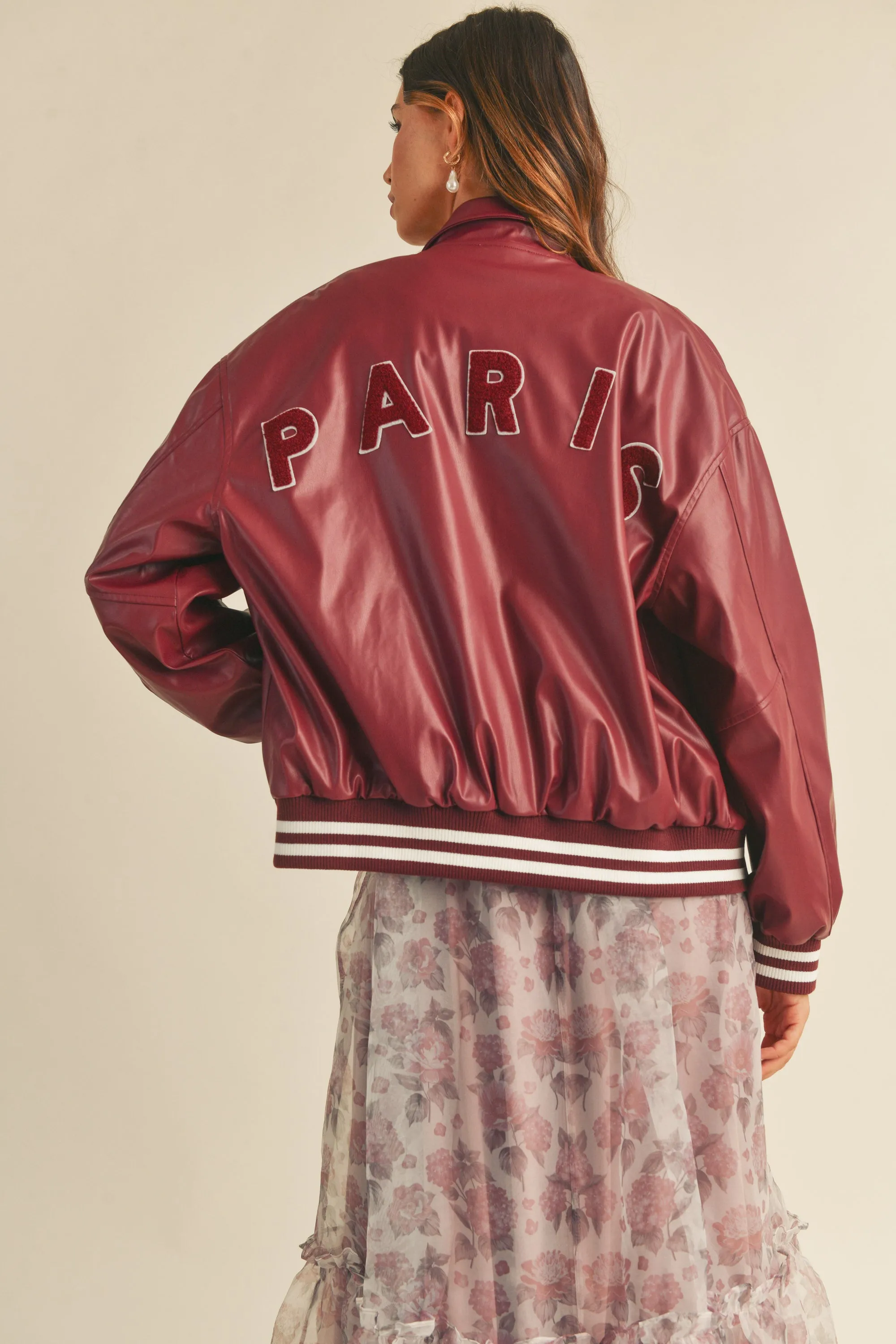 THAIS RIB BAND FAUX LEATHER VARSITY JACKET