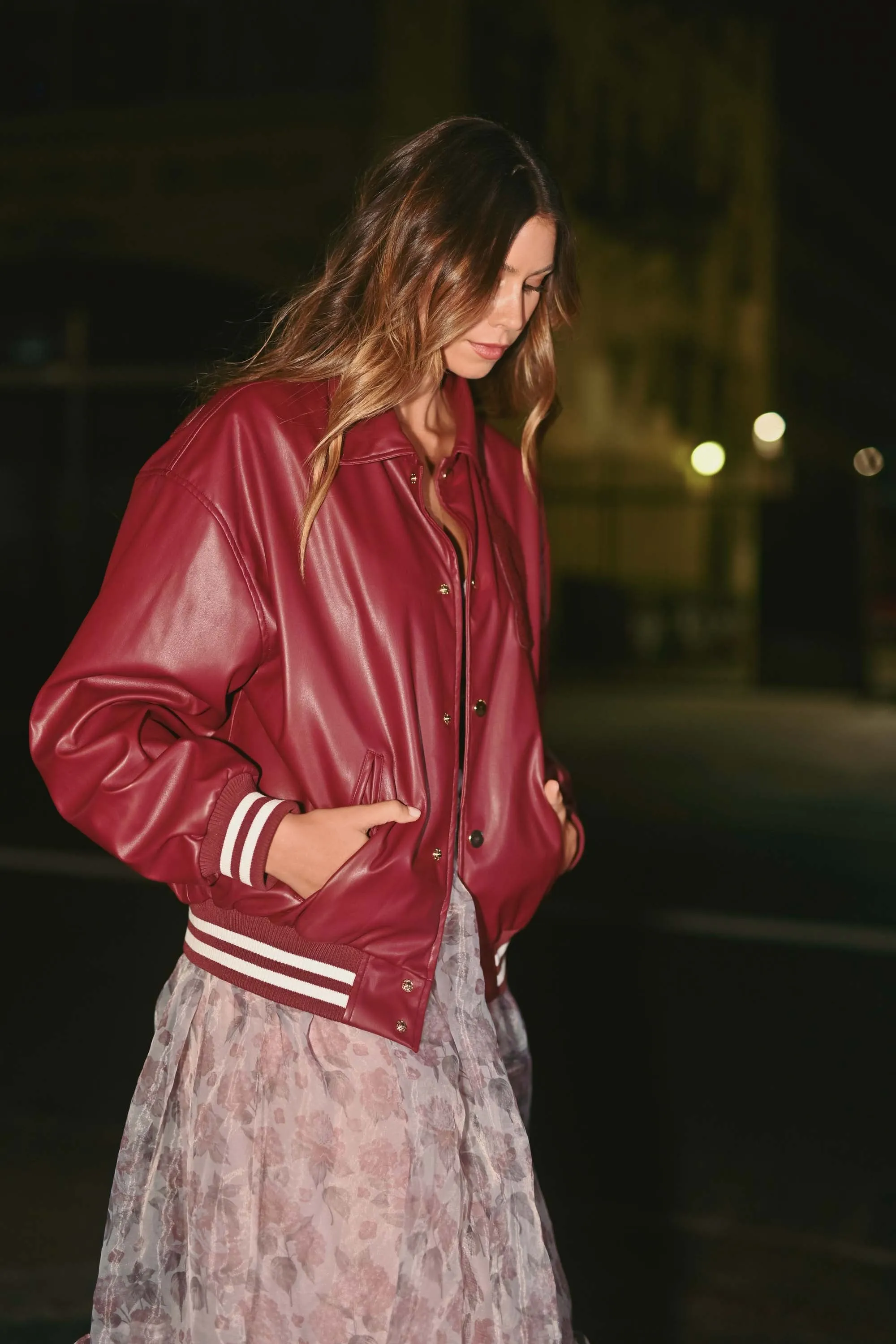 THAIS RIB BAND FAUX LEATHER VARSITY JACKET