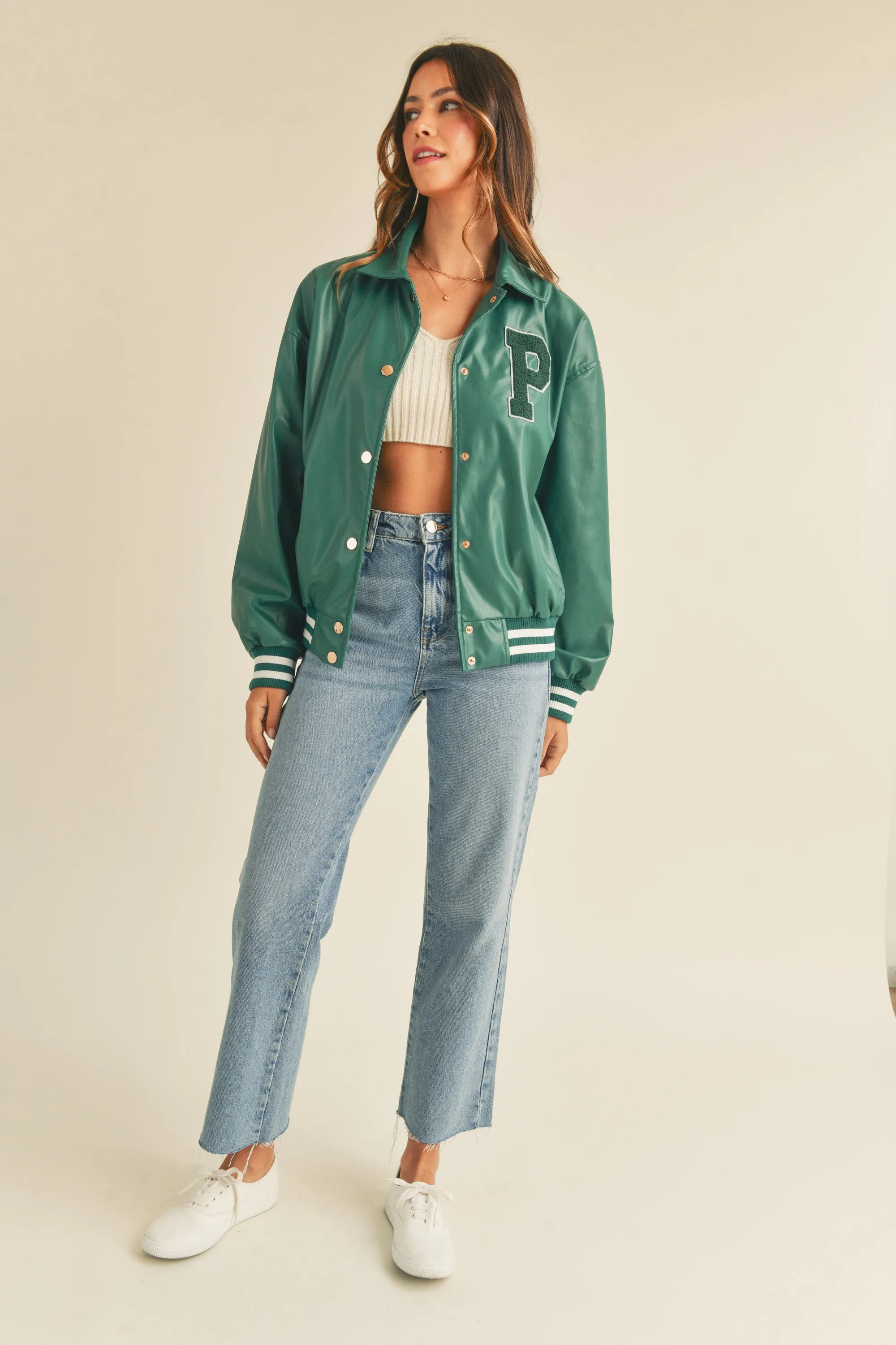THAIS RIB BAND FAUX LEATHER VARSITY JACKET