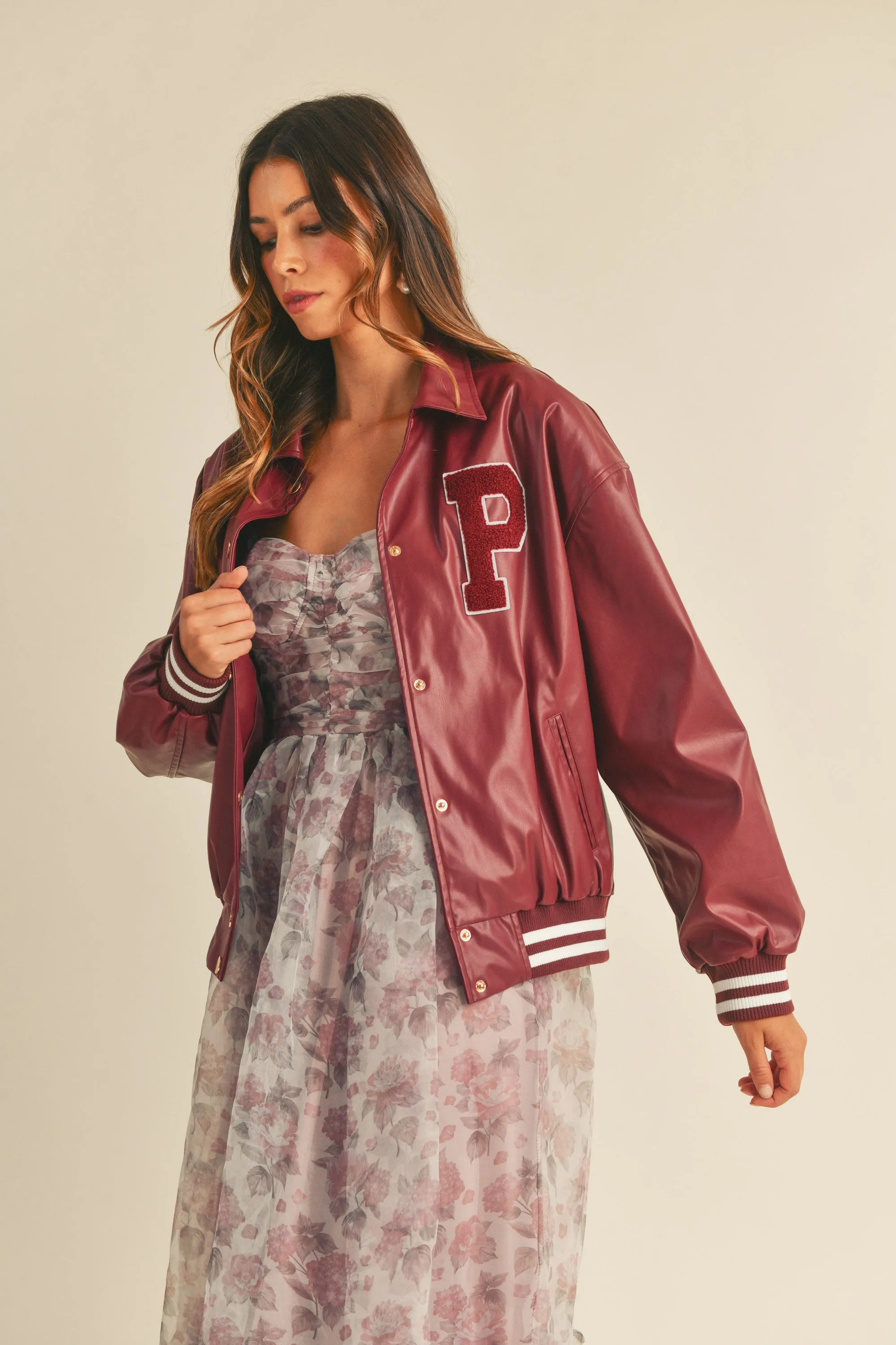THAIS RIB BAND FAUX LEATHER VARSITY JACKET