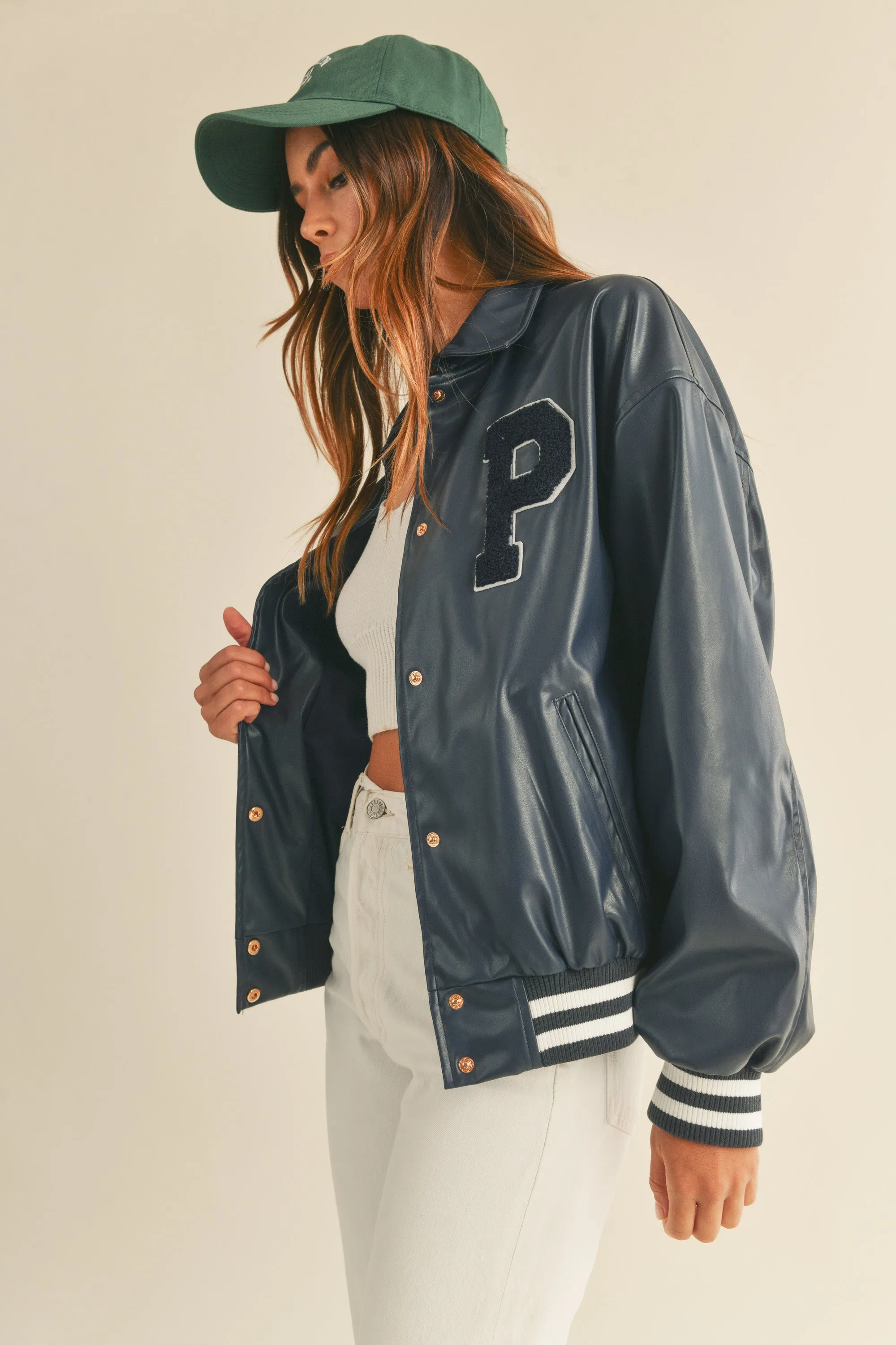 THAIS RIB BAND FAUX LEATHER VARSITY JACKET