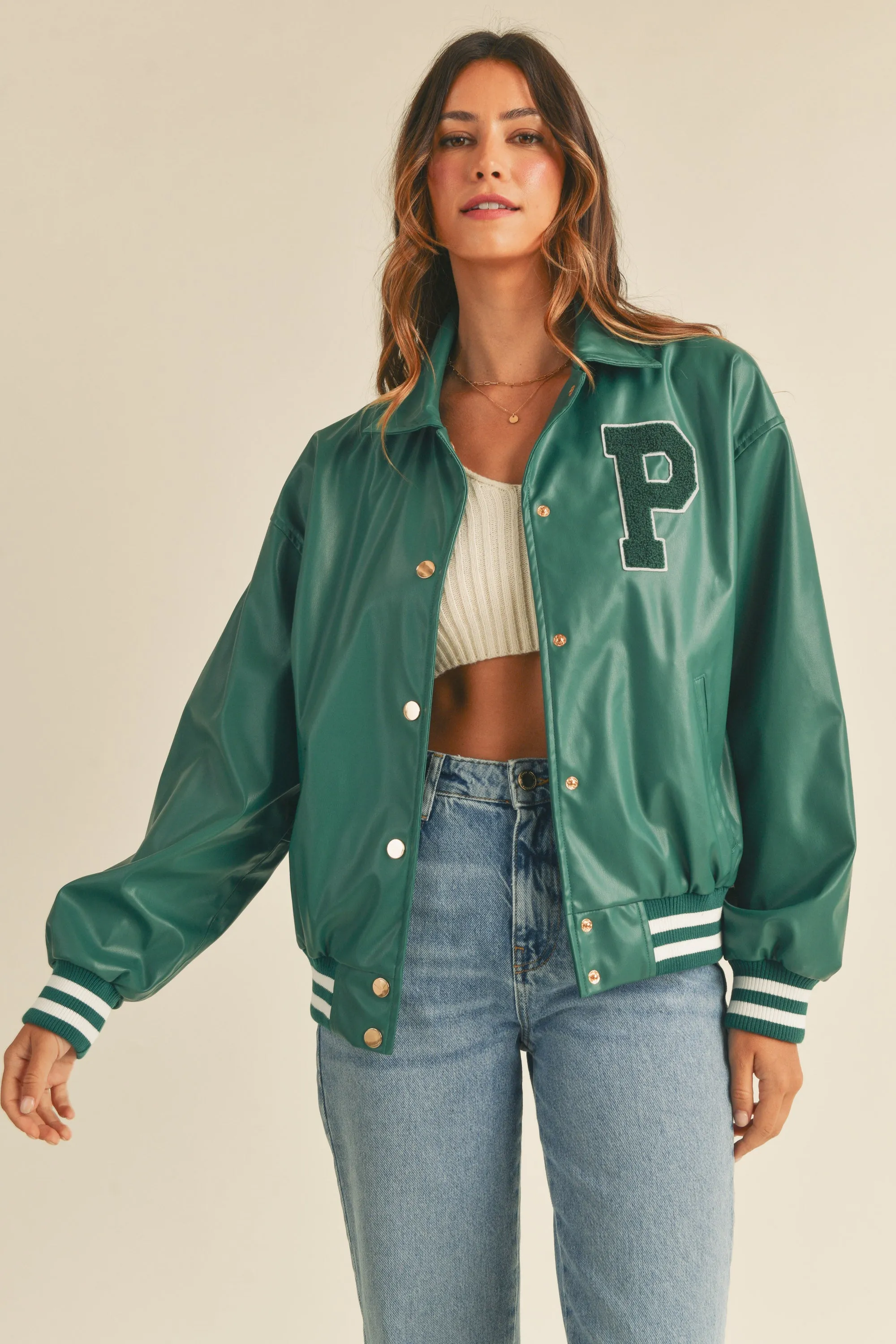 THAIS RIB BAND FAUX LEATHER VARSITY JACKET