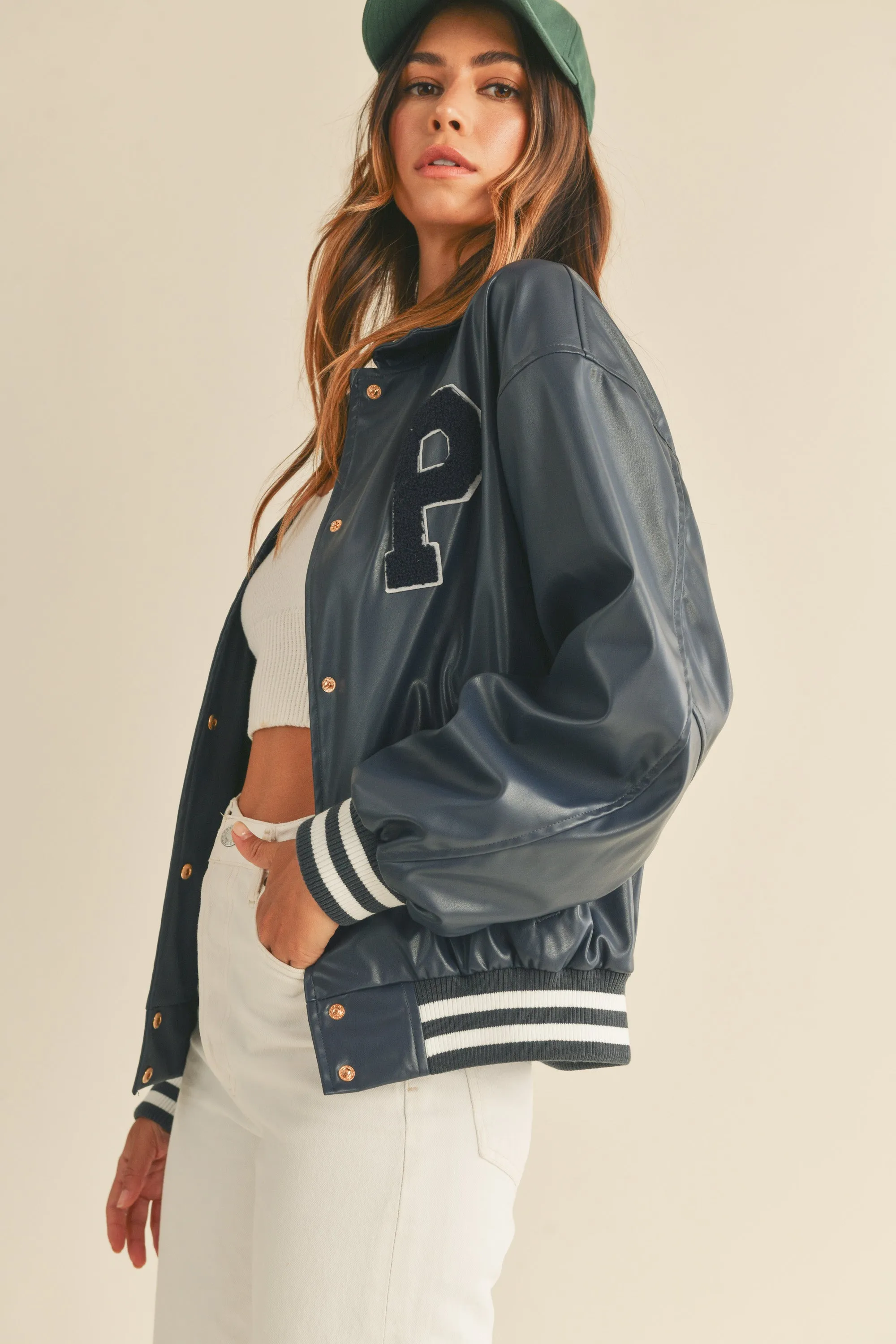 THAIS RIB BAND FAUX LEATHER VARSITY JACKET