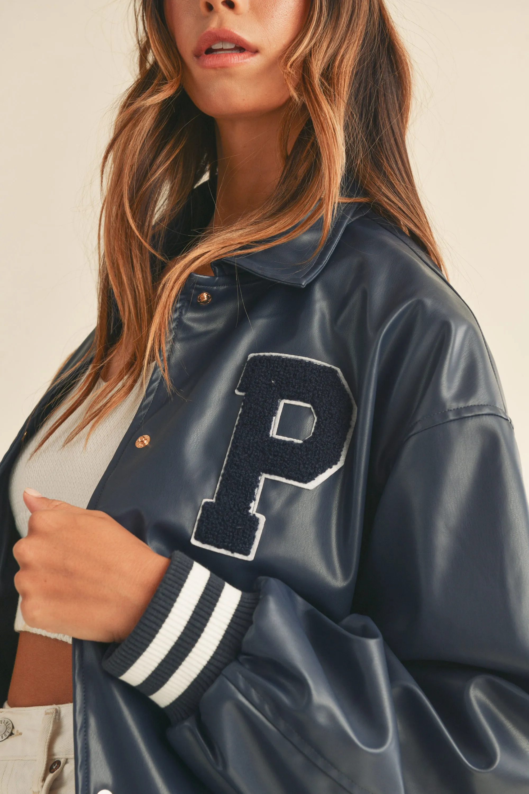 THAIS RIB BAND FAUX LEATHER VARSITY JACKET