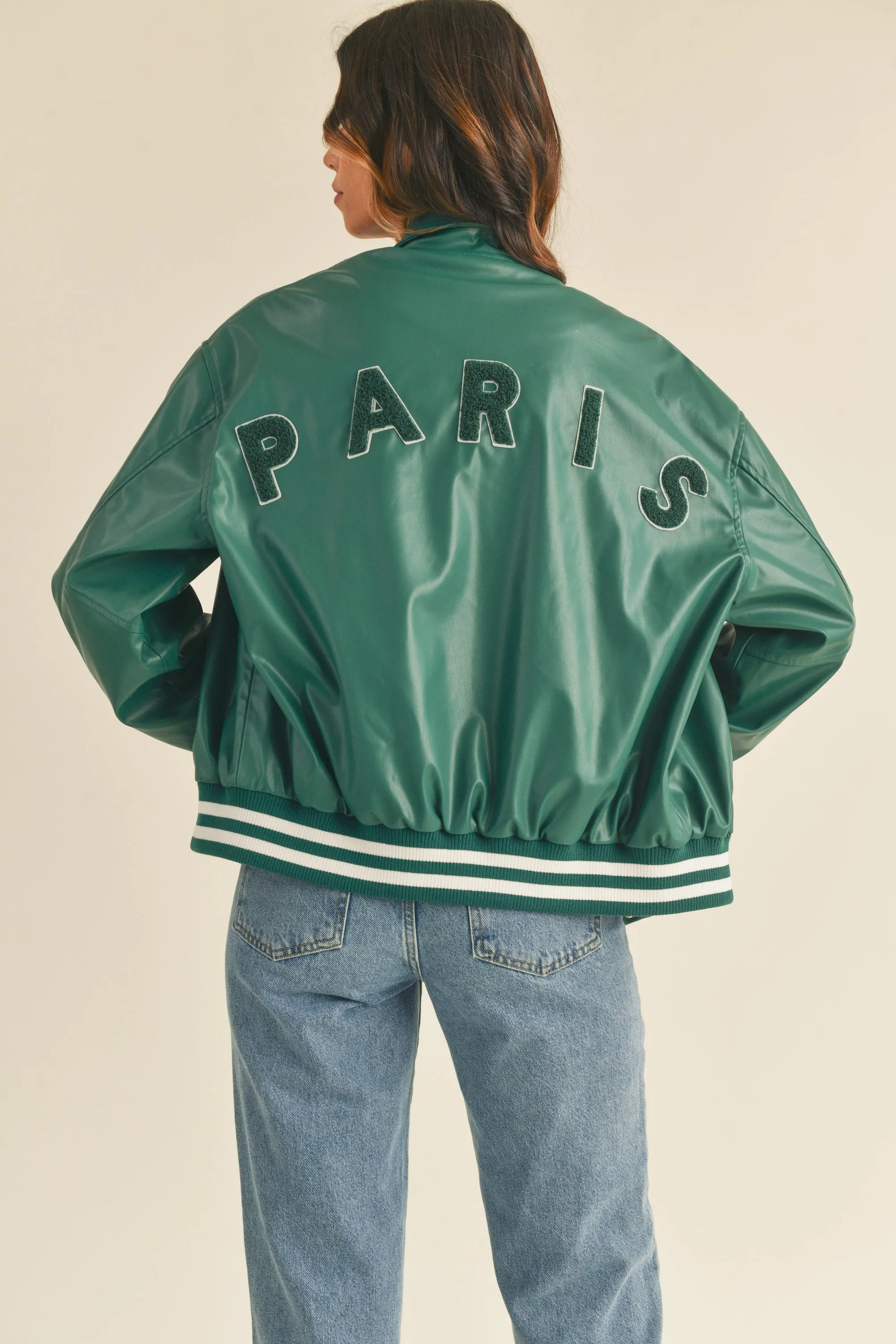 THAIS RIB BAND FAUX LEATHER VARSITY JACKET