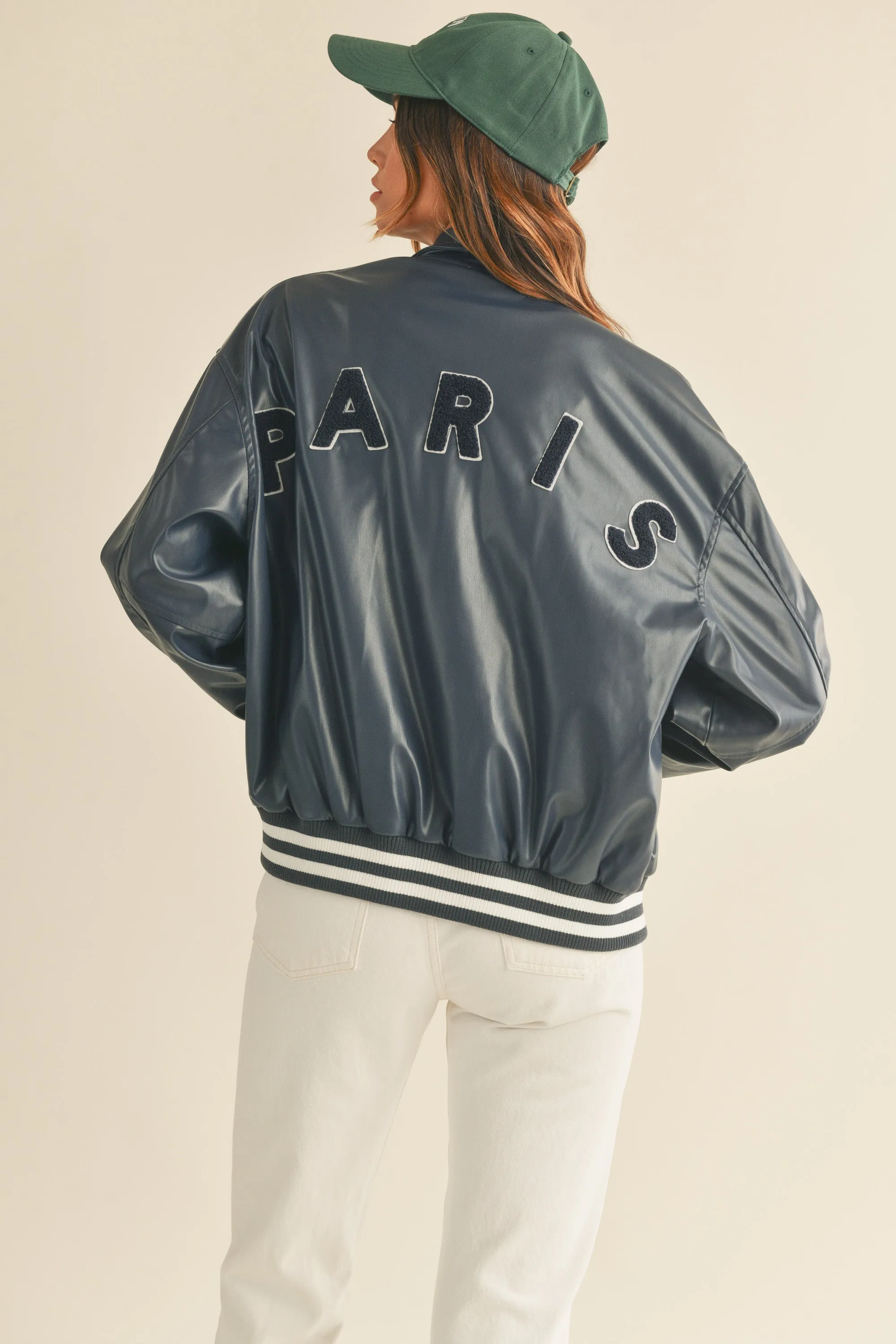 THAIS RIB BAND FAUX LEATHER VARSITY JACKET