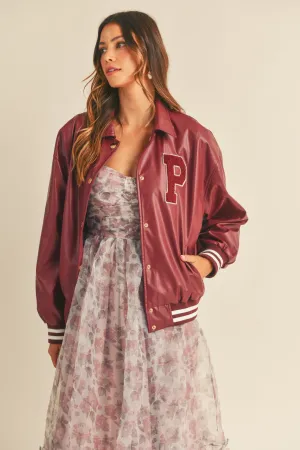 THAIS RIB BAND FAUX LEATHER VARSITY JACKET