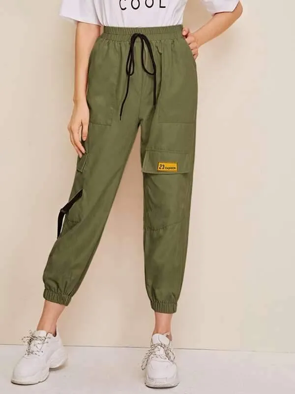 Tie Front  Flap Pocket Letter Patched Cargo Pants