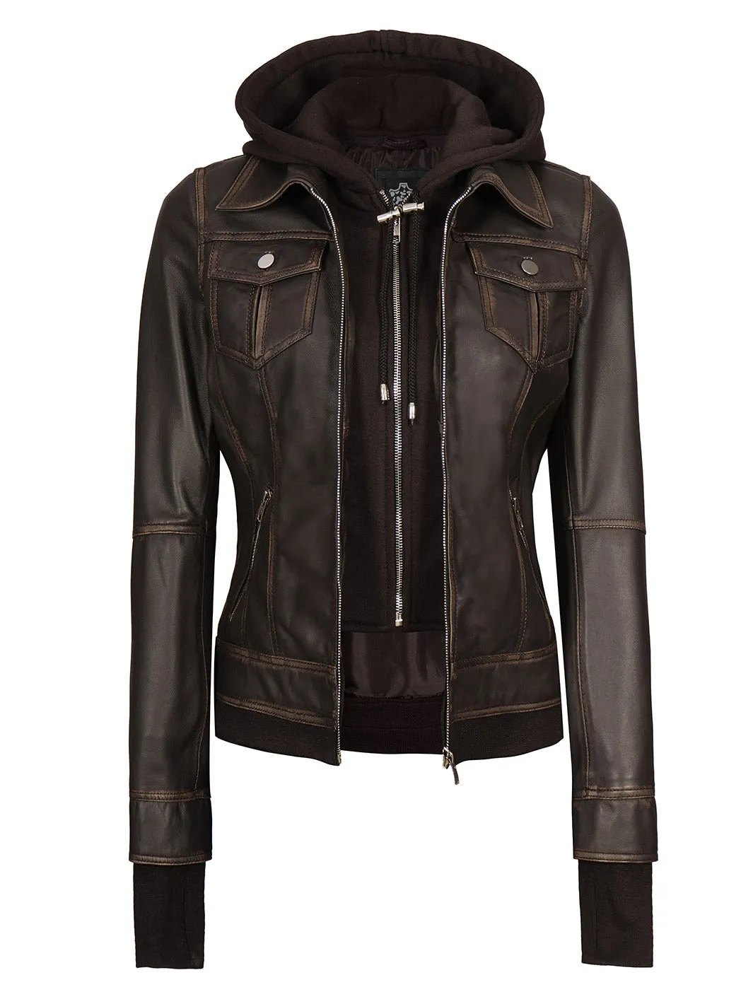 Tralee Women Dark Brown Ruboff Bomber Leather Jacket With Hood
