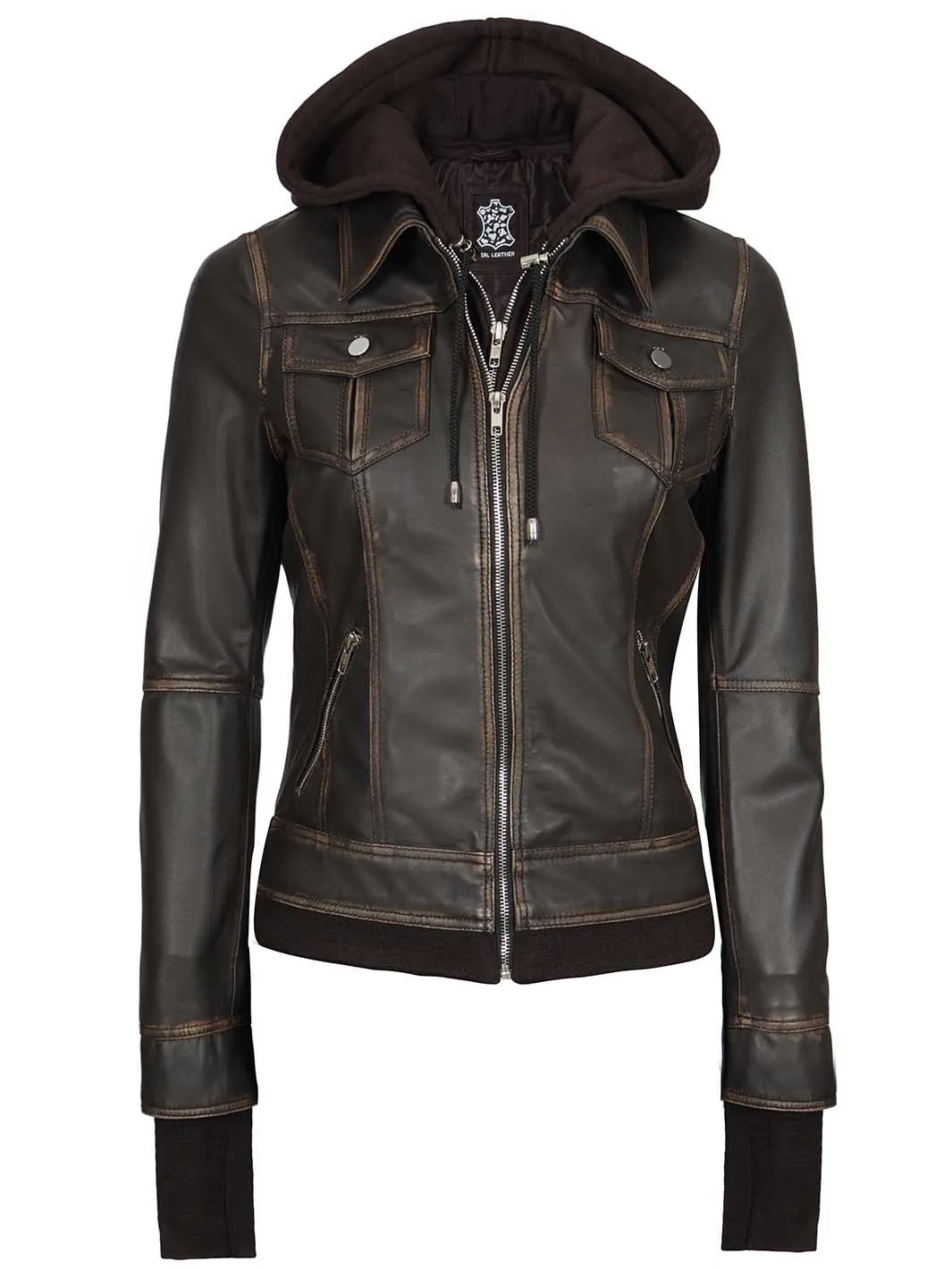 Tralee Women Dark Brown Ruboff Bomber Leather Jacket With Hood