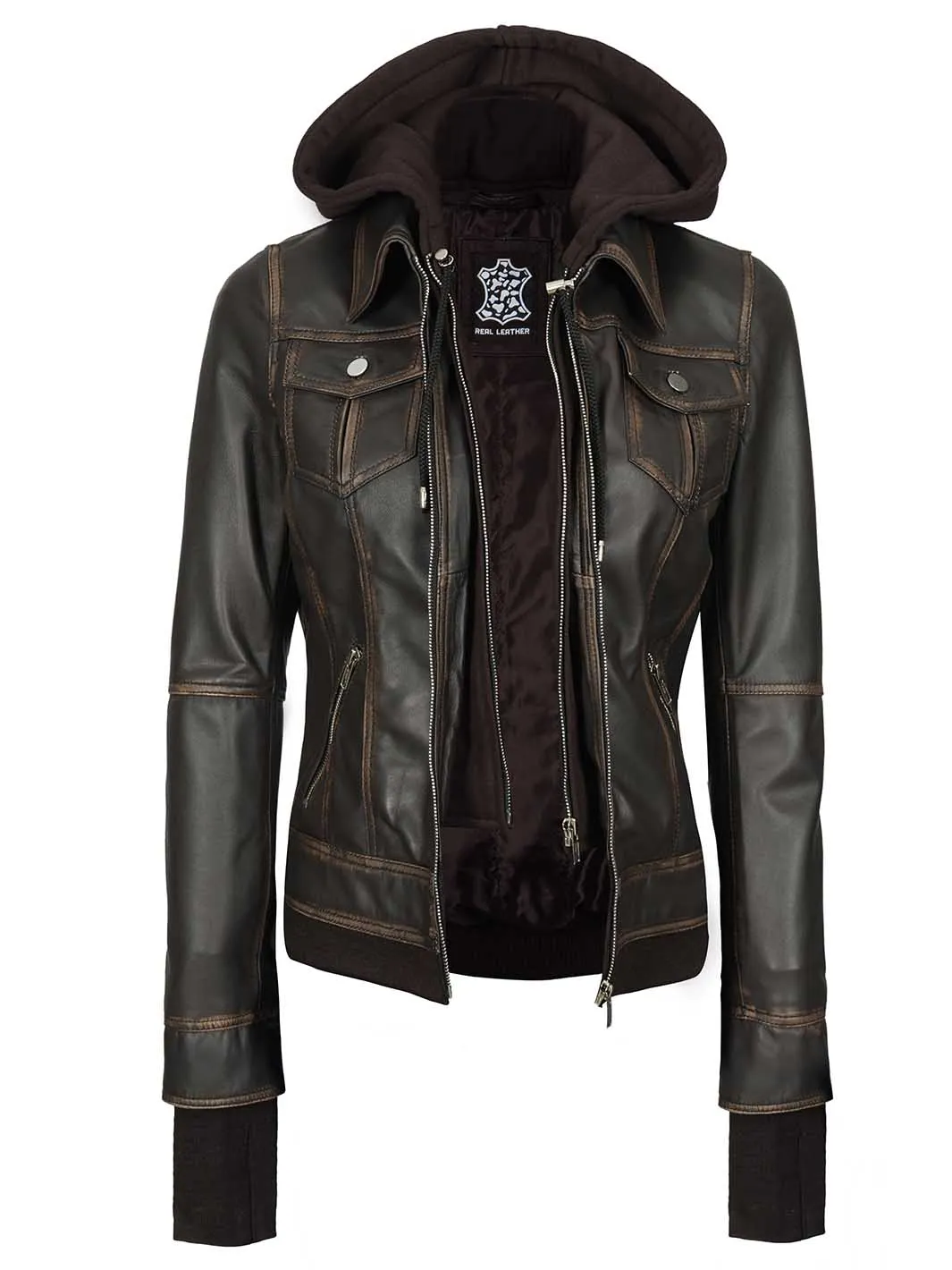 Tralee Women Dark Brown Ruboff Bomber Leather Jacket With Hood