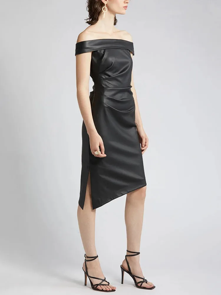 Trend4us Women's Chic Off-Shoulder Faux Leather Asymmetric Dress
