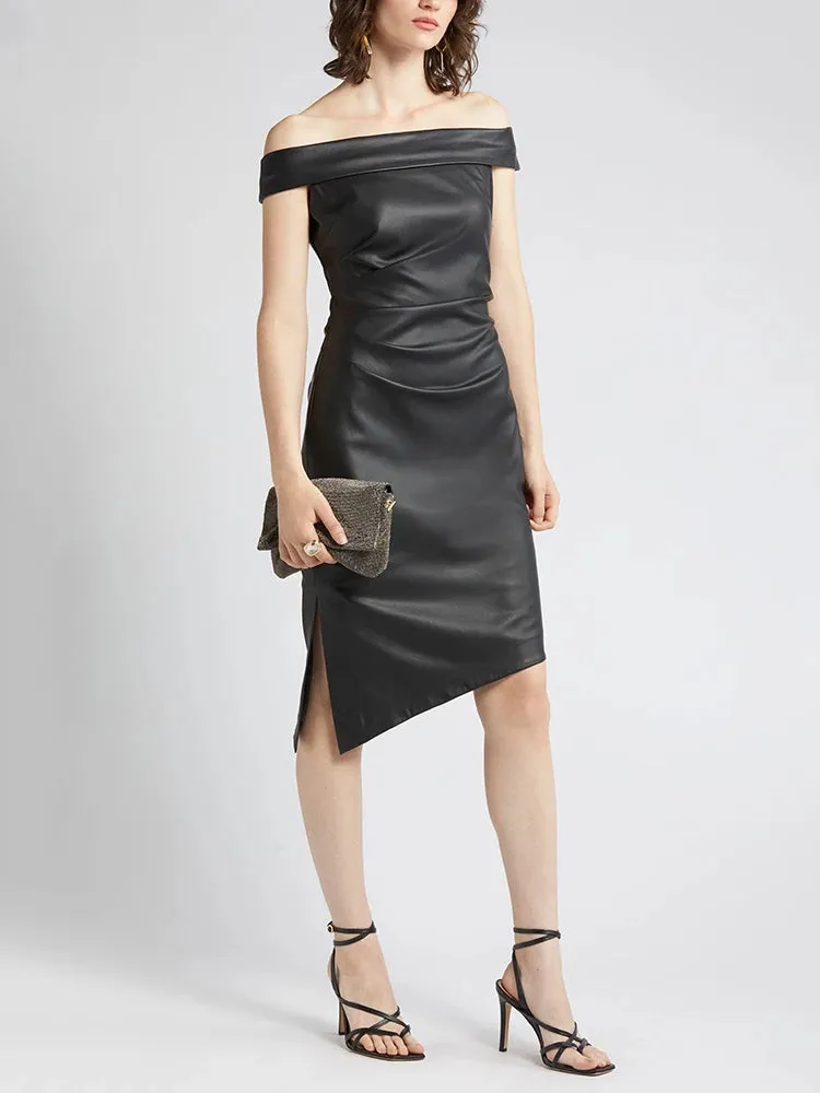 Trend4us Women's Chic Off-Shoulder Faux Leather Asymmetric Dress