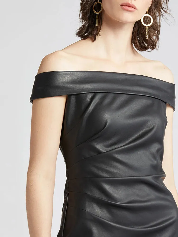 Trend4us Women's Chic Off-Shoulder Faux Leather Asymmetric Dress