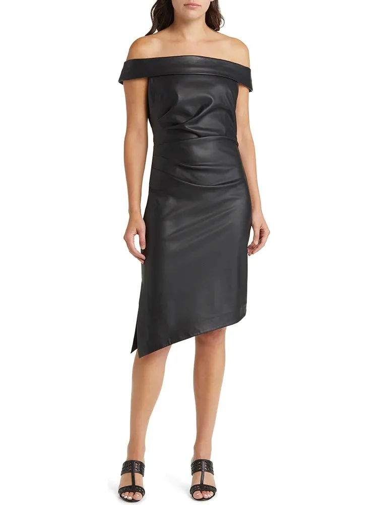 Trend4us Women's Chic Off-Shoulder Faux Leather Asymmetric Dress