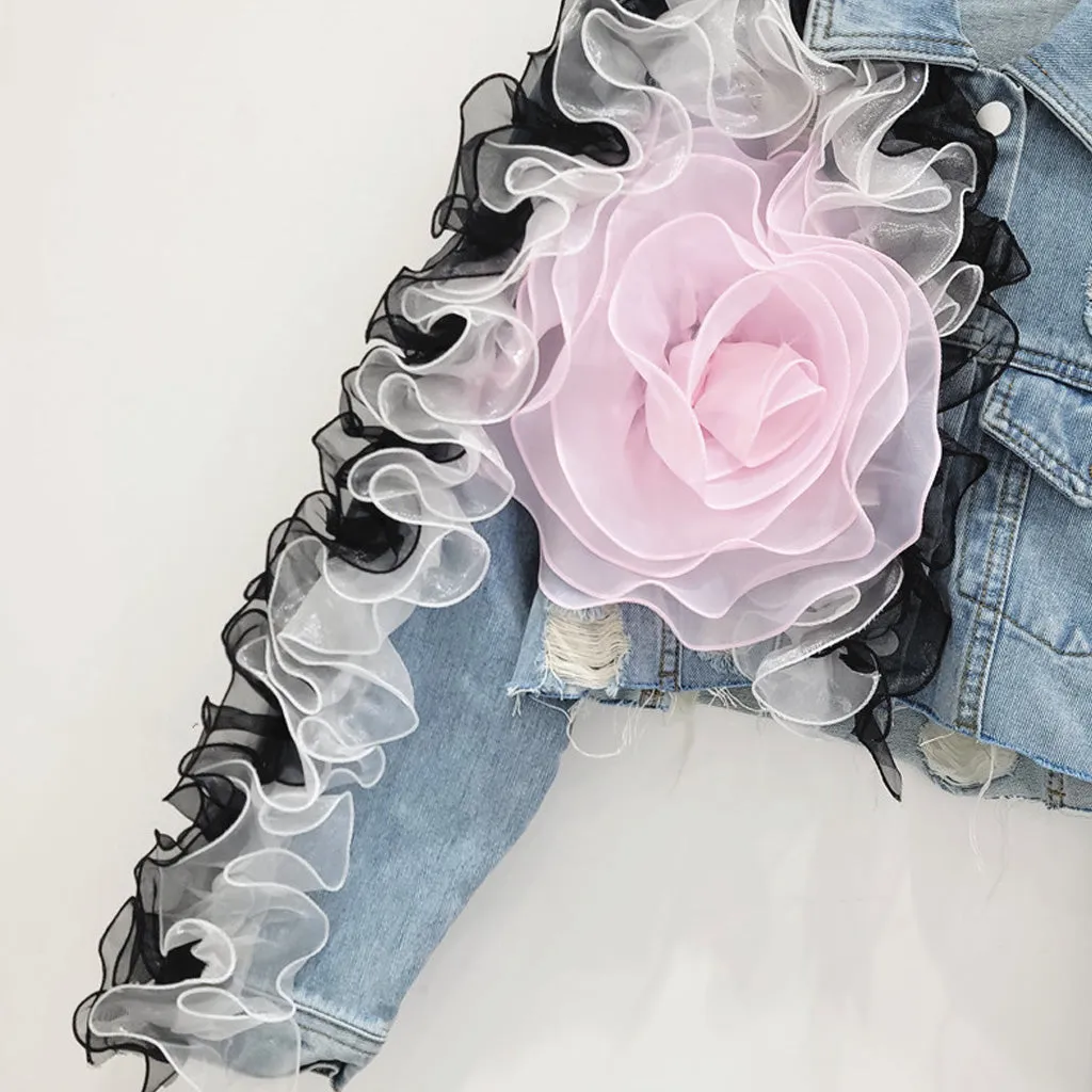 Unique Rosette Trim Long Sleeve Button Front Distressed Crop Denim Jacket