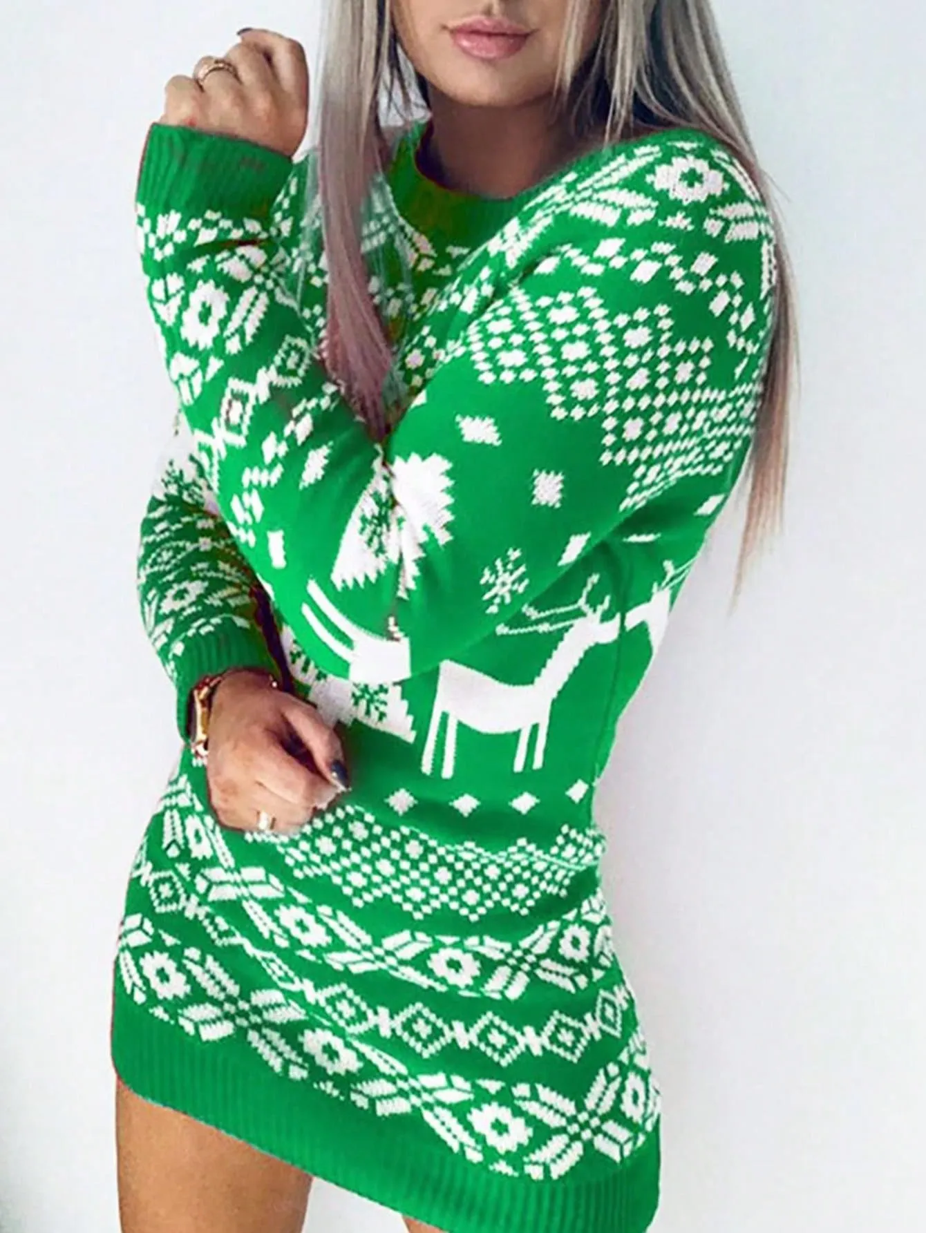 Vintage christmas sweater|Chic Christmas Sweater Dress, Holiday Print Long Sleeve