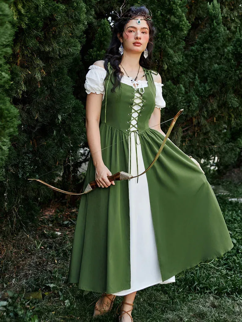 Women Lacing 2pcs Set Pocket Overdress Off Shoulder Dress