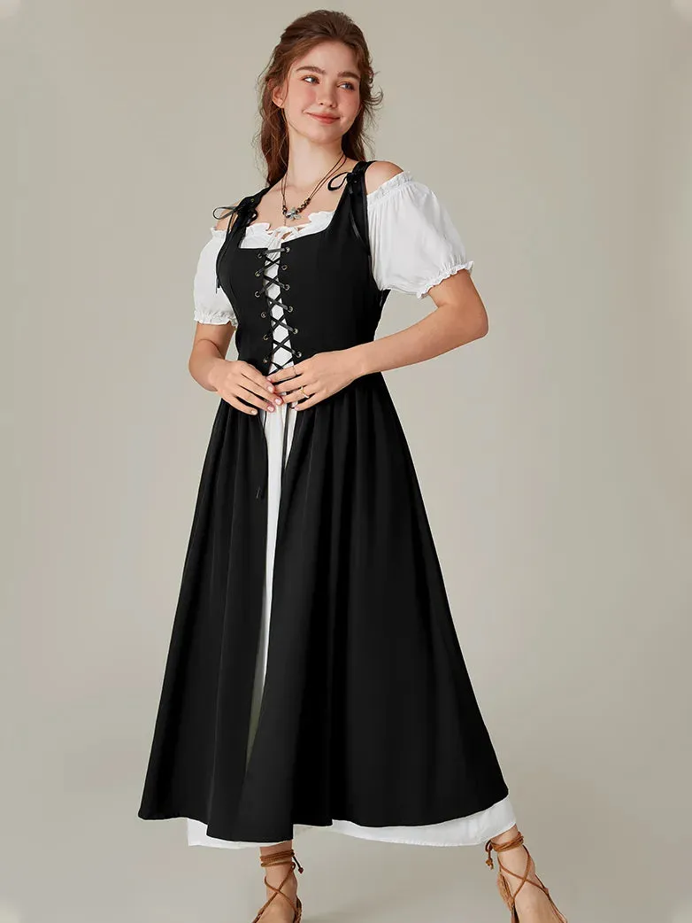 Women Lacing 2pcs Set Pocket Overdress Off Shoulder Dress