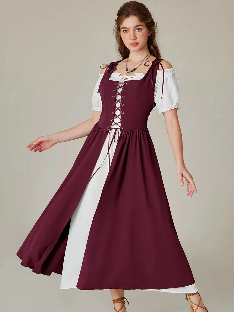Women Lacing 2pcs Set Pocket Overdress Off Shoulder Dress