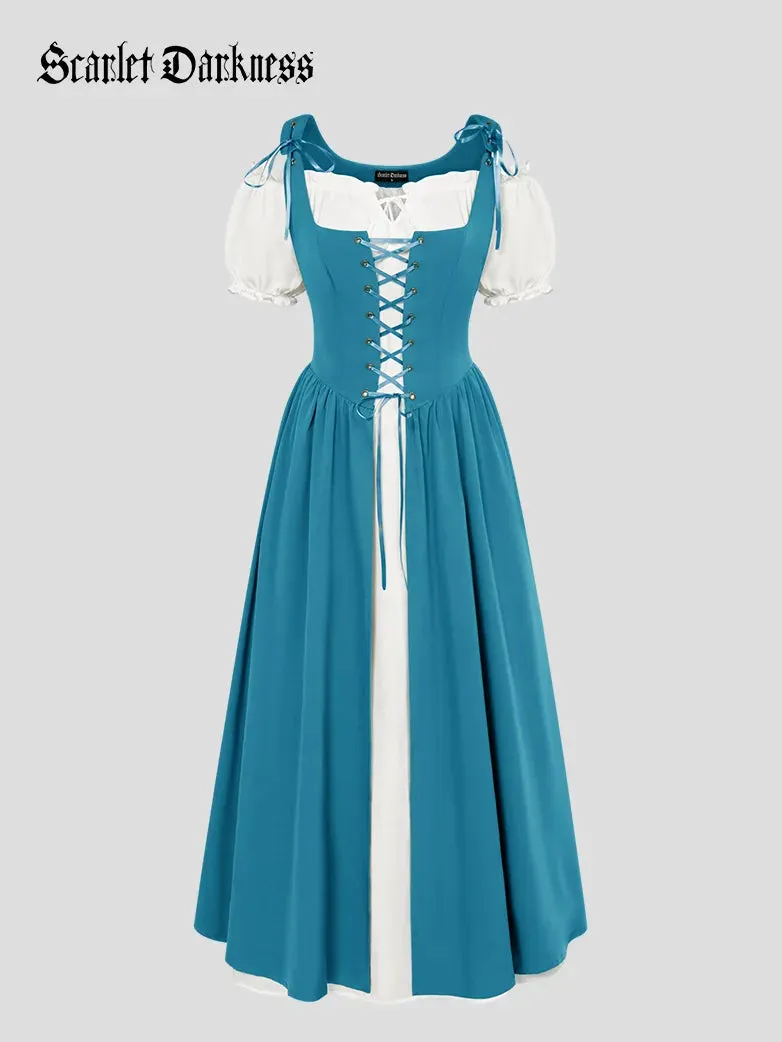 Women Lacing 2pcs Set Pocket Overdress Off Shoulder Dress