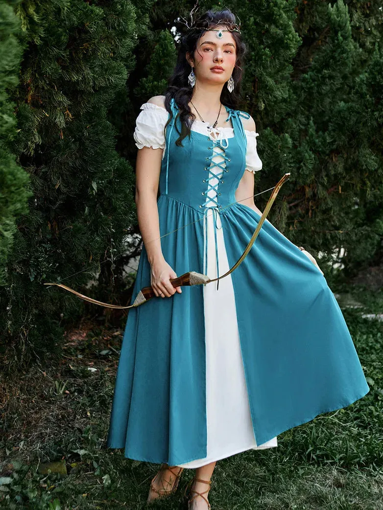 Women Lacing 2pcs Set Pocket Overdress Off Shoulder Dress