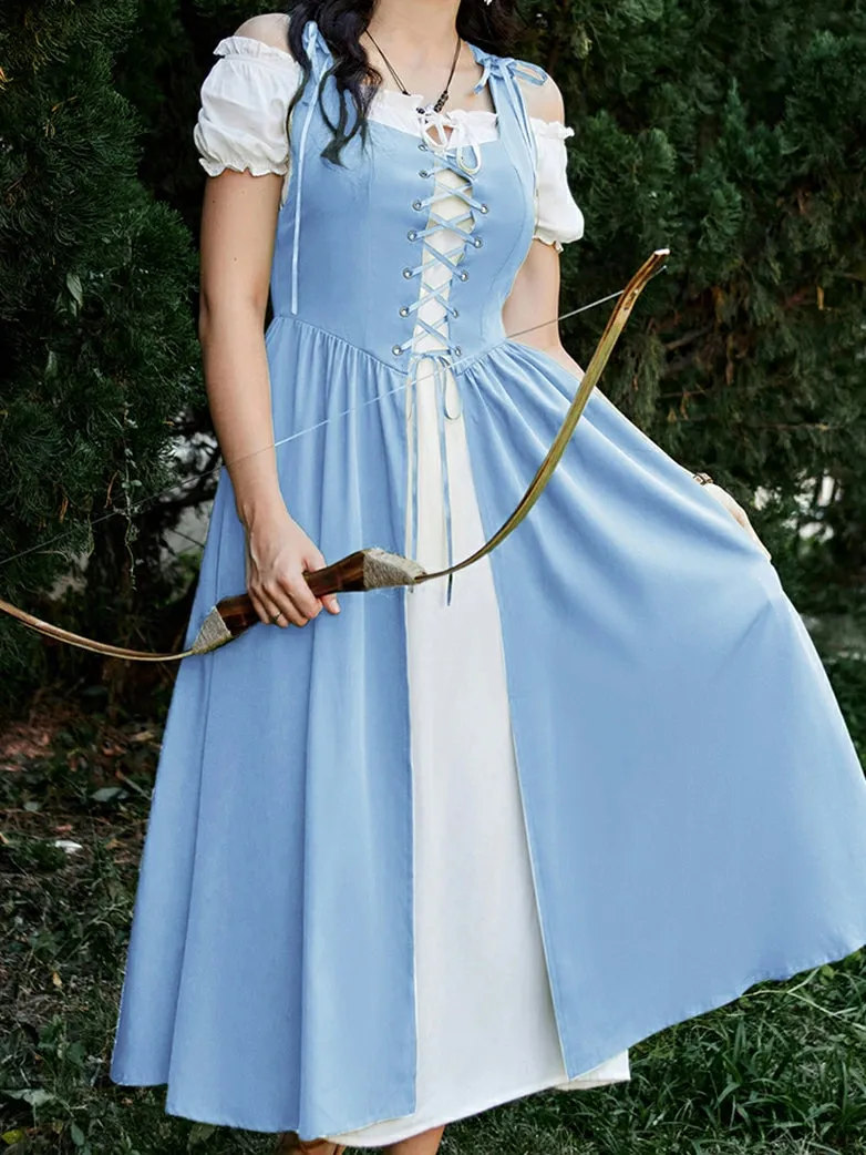 Women Lacing 2pcs Set Pocket Overdress Off Shoulder Dress