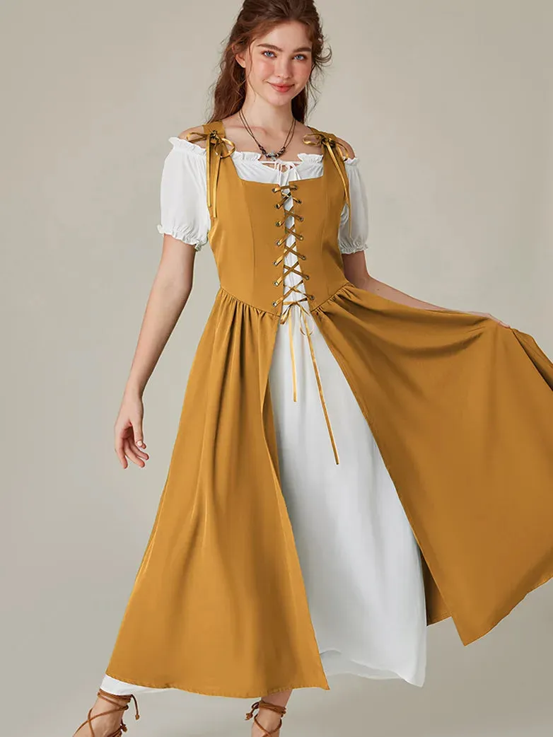 Women Lacing 2pcs Set Pocket Overdress Off Shoulder Dress