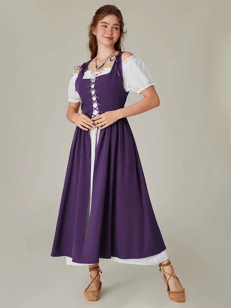 Women Lacing 2pcs Set Pocket Overdress Off Shoulder Dress