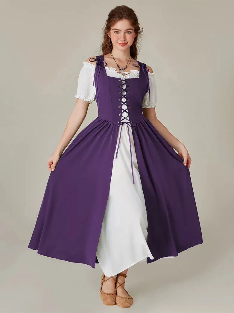 Women Lacing 2pcs Set Pocket Overdress Off Shoulder Dress