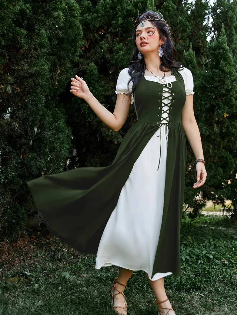 Women Lacing 2pcs Set Pocket Overdress Off Shoulder Dress