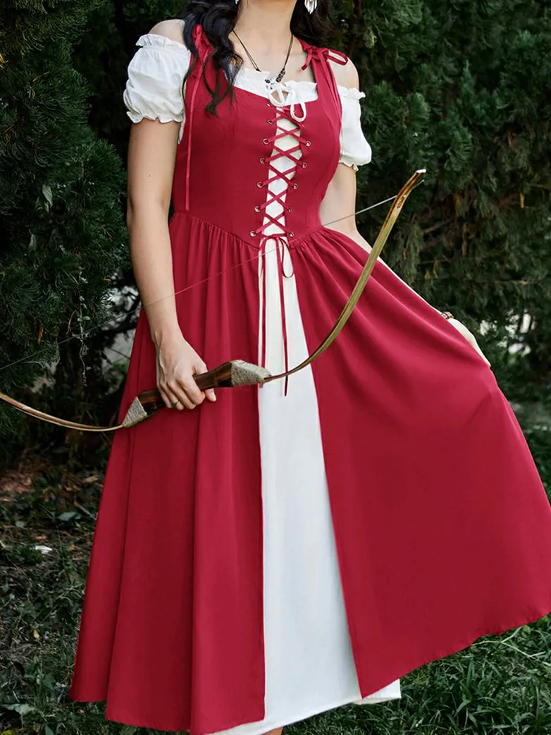 Women Lacing 2pcs Set Pocket Overdress Off Shoulder Dress