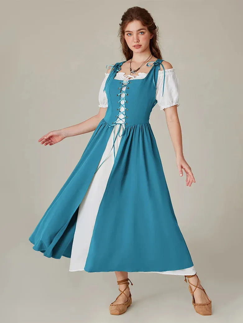 Women Lacing 2pcs Set Pocket Overdress Off Shoulder Dress