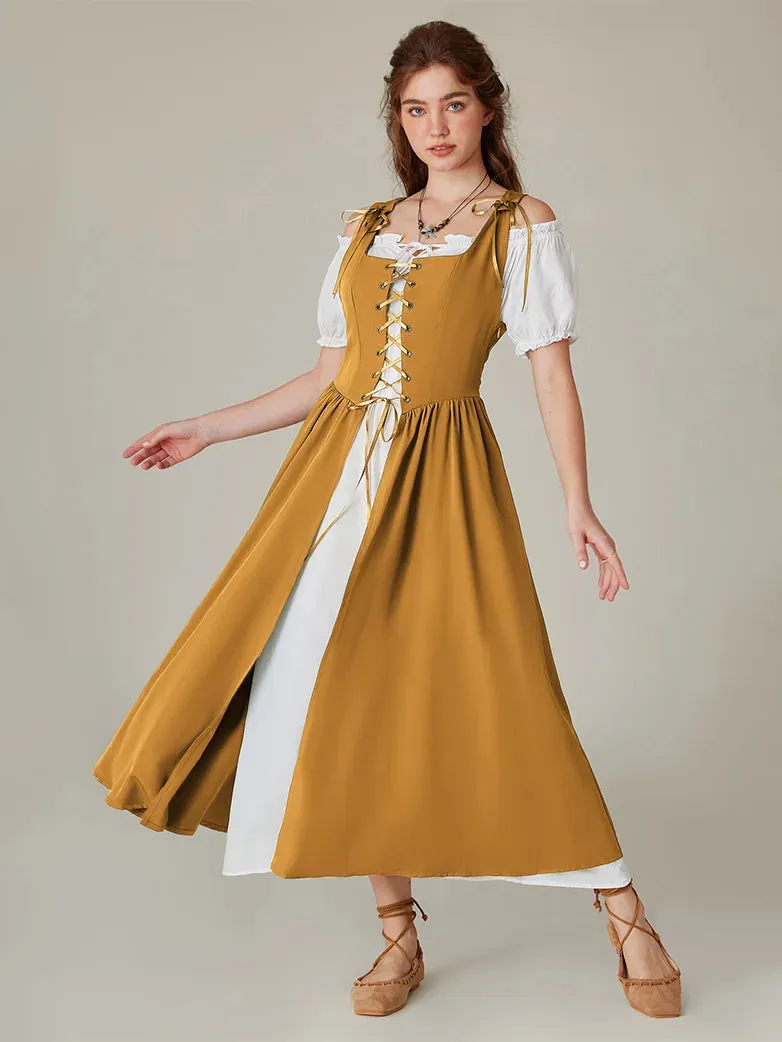 Women Lacing 2pcs Set Pocket Overdress Off Shoulder Dress