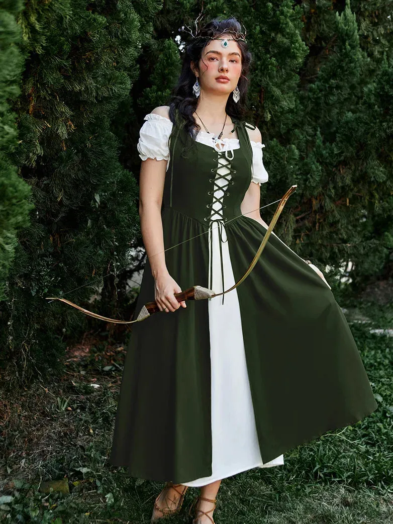 Women Lacing 2pcs Set Pocket Overdress Off Shoulder Dress
