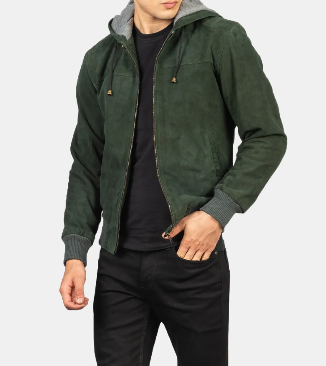 Zefiro Men's Hooded Green Suede Leather Jacket